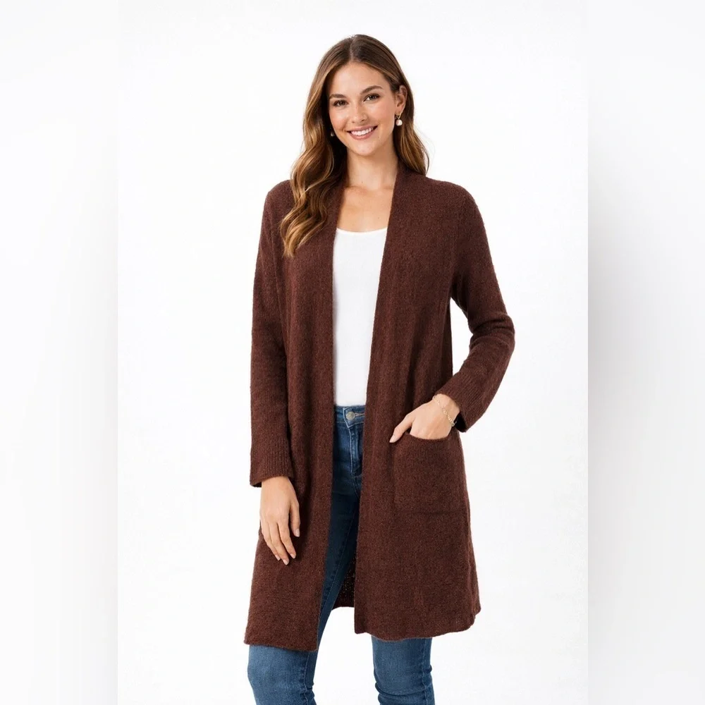 Eileen Fisher Brown Baby Alpaca Open Front Long Cardigan Cozy Minimalist XXL
